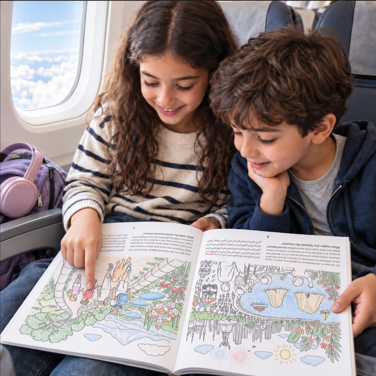 Children exploring the Lebanon book on an airplane