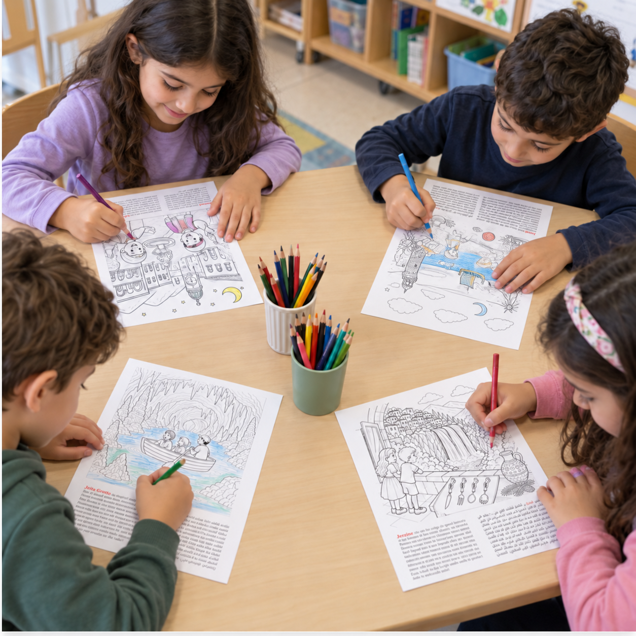 Children coloring Lebanon pages in a classroom