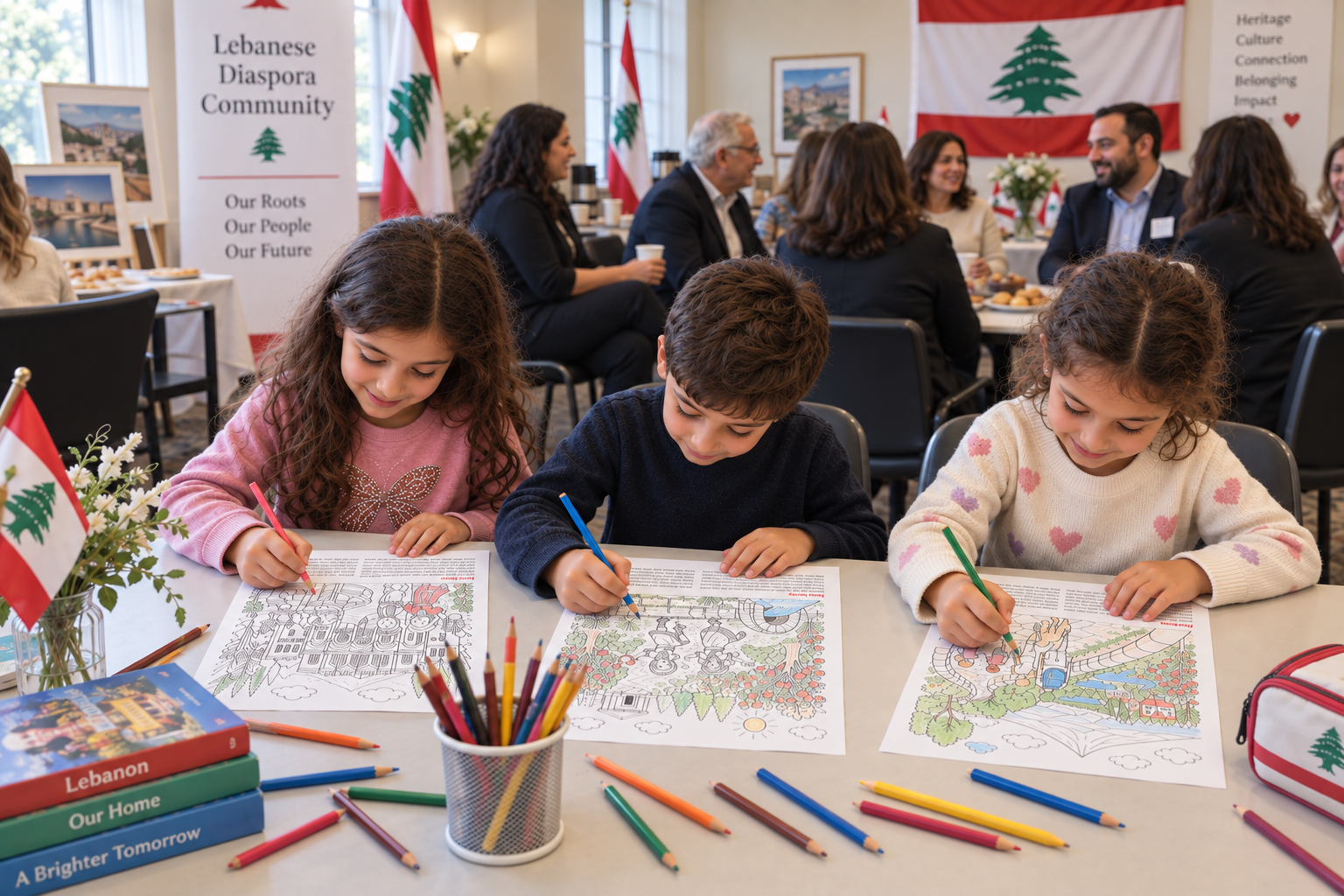 Children coloring at a Lebanese community gathering